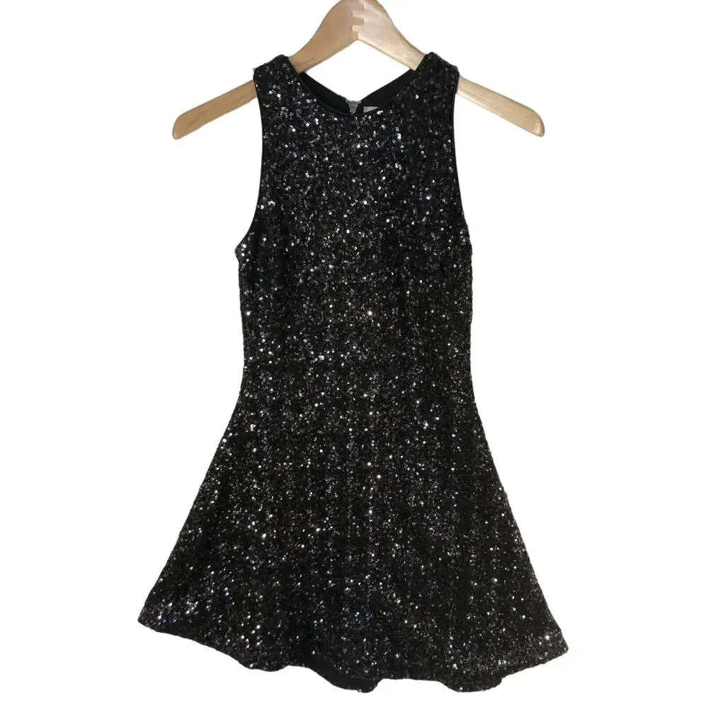 Dress the Population Black Sequined Cocktail Dress Exposed Back Zipper Size S - Picture 2 of 8